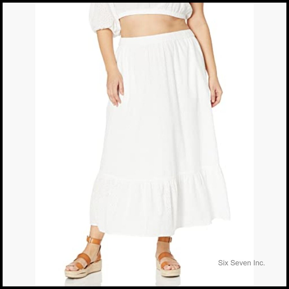 Cotton Eyelet Tiered Midi Skirt, Elastic Waist Pull-On Casual - Picture 5 of 7